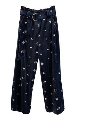 Arto. Floral Embroidery Velvet Wide Leg Pant - Blue