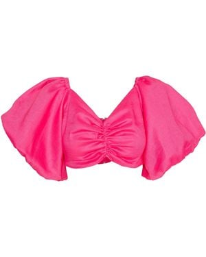 Ofuure Linen Skye Puffy Sleeve Crop Top - Pink