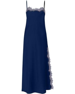 Avenue 8 Lace Detailed Straight Neck Midi Dress With Slit - Blue