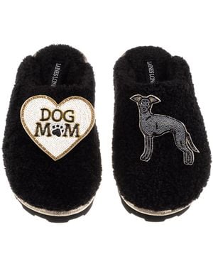 Laines London Teddy Closed Toe Slippers With Dog Mum/Mom & Italian Greyhound Brooches - Black