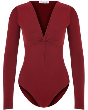 Maan Istanbul V-Neck Knot Detail Burgundy Bodysuit - Red