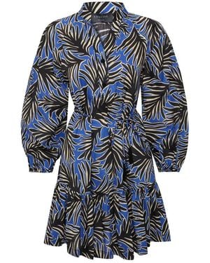 Exquise Regular Leaf Print Drawstring Cotton Mini Dress - Blue