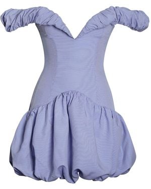 Miss Circle New York Sablee Chequered Puffy Off Shoulder Trim Bubble Hem Mini Dress - Blue