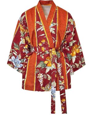 Couture to Your Door Rose Vintage Leaf Print Upcycled Kimono - Red