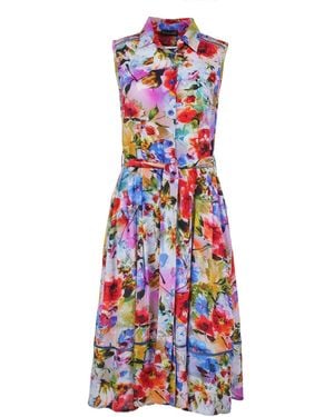 Conquista Floral Sleeveless Dress With Belt - Blue