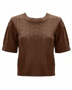 Zenzee Cashmere Cable Knit Boxy Short Sleeve Sweater - Brown