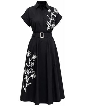 Exquise Miriam Embroidered Detail Flared Midi Shirt Dress - Black