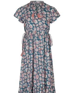 La Mandarine Summer Cotton Maxi Dress, Boho Beach Dress, Maresa Block Printed Cotton Summer Dress - Blue