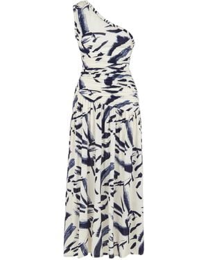 Nocturne Printed One-Shoulder Draped Midi Dress - White