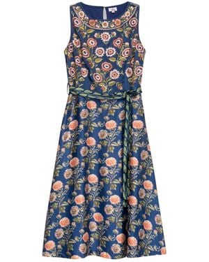 Niza Printed Midi Dress With Three-Quarter Sleeves And Belt - Blue