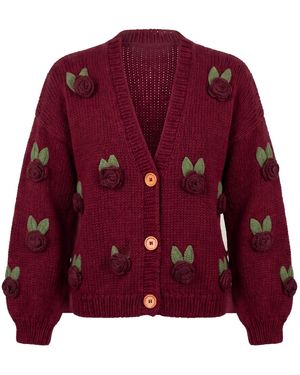 Ana Chic Rose Motif Handmade Knitted Cardigan - Purple