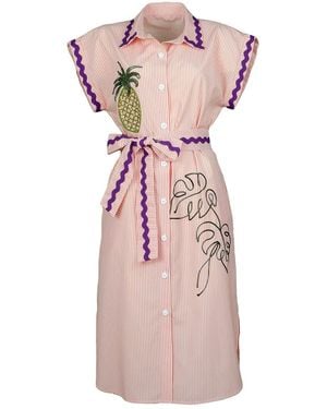 Lalipop Design Pinstripe Cotton Shirtdress With Pineapple Embroidery - Pink