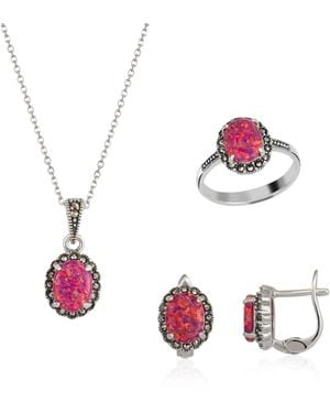 Spero London Circle Opal High Quality Sterling Necklace Earring Ring Set - Pink