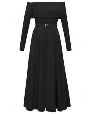 ALINA CERNĂTESCU Melira Classic Midi Off The Shoulder Flared Dress With Leg Slit - Black