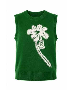 Yumi' Knitted Flower Sleeveless Jumper Vest - Green