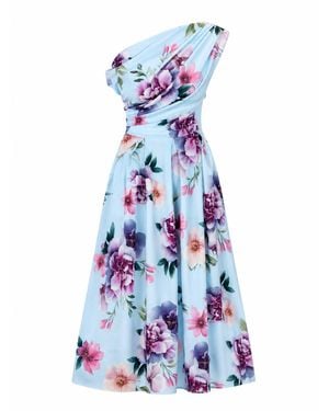 Girl In Mind Betty Asymmetric Neckline Skater Midi Dress Print - Blue