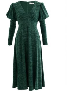 Louche Moa Sustainable Marl Puff Sleeve V Neck Midi Dress - Green