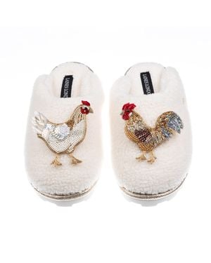 Laines London Neutrals Teddy Closed Toe Slippers With Chicken & Rooster Brooches - White