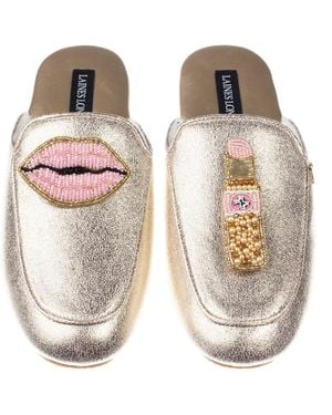 Laines London Classic Mules With Pearl Lips & Lipstick Brooches - Metallic