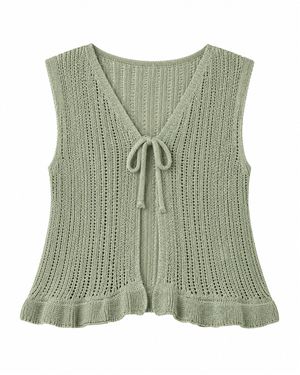 Yumi' Knitted Cotton Tie Waistcoat Top - Green