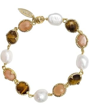 Farra Tiger-Eye And Sunstone With Freshwater Pearls Bracelet - Metallic