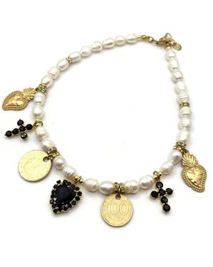 Achala Handcrafted Freshwater Pearl Necklace With Crystal Heart Pendant - Metallic