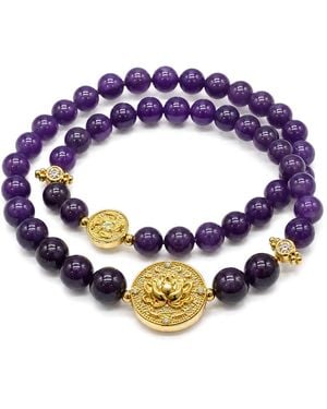 Aurozia Lotus Within Plated Sterling Lotus & Fish Coin Double Wrap Amethyst Bracelet - Blue