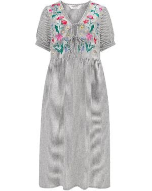 Sugarhill Ruby Midi Smock Dress Monochrome Stripe, Garden Floral - Gray