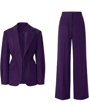 BLUZAT Deep Suit With Waist Accentuated Blazer And Wide-Leg Trousers - Purple