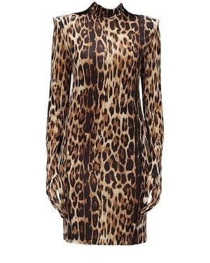 Monosuit Viscose Animal Long Sleeve Turtleneck Bodycon Shoulder Pad Party Futuristic Mini Dress With Gloves - Brown