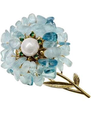 Farra Handcrafted Flower Shape Natural Aquamarine Brooch - Blue