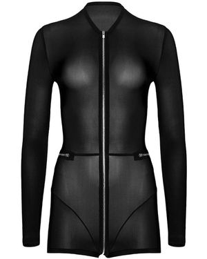Lunatic Femme Feral Sheer Zipper Catsuit Romper - Black