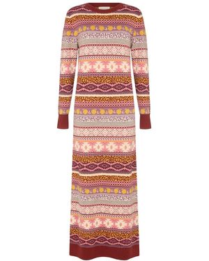 Raffya Elvis Longline Folk Jacquard Maxi Dress - Red