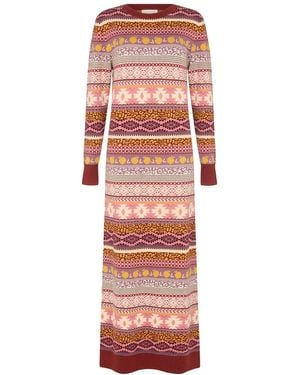 Raffya Elvis Longline Folk Jacquard Maxi Dress - Red