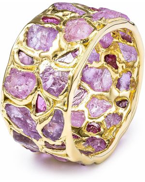 German Kabirski Lythara Handcrafted Plated Barrel Ring With Raw Sapphire And Ruby - Pink