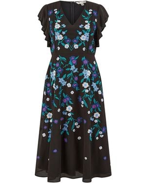 Yumi' All Over Floral Embroidery Midi Skater Dress - Black