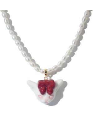 H2 Studio Angry Puss Ruby Bow Tie Freshwater Pearl Necklace - White