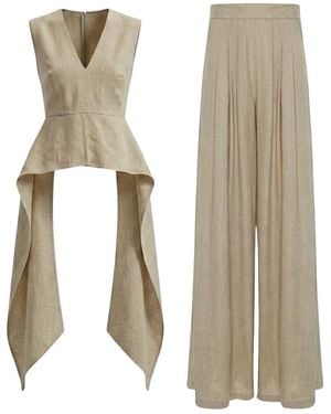 BLUZAT Neutrals Linen Peplum Top & Wide-Leg Pants Set - Natural