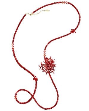 Farra Bamboo Coral Long Necklace With Removable Flower Pin - Red