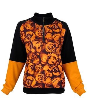 Lalipop Design Floral Print Colour Block Half-Zip Sweatshirt - Orange