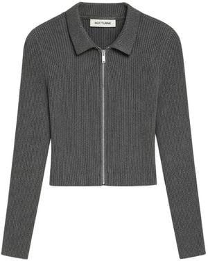 Nocturne Zip-Front Ribbed Knit Top - Grey