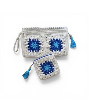 Springmoonatelier Handmade Crochet Bag Set – Lined Cotton Clutch And Mini Pouch - Blue