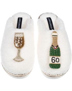 Laines London Neutrals Teddy Closed Toe Slippers With 60Th Champers Bottle & Glass Brooches - White