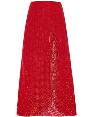 Pcfg The Broderie Anglaise Edit Embroidered Midi Skirt With Side Slit & Ribbon Tie