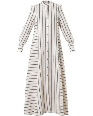 Metamorph Striped Linen-Cotton Maxi Shirt Dress With Buttons- Khaki Stripes - White