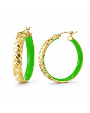 Gold & Honey Hammered Hoop Earrings With Neon Enamel - Green
