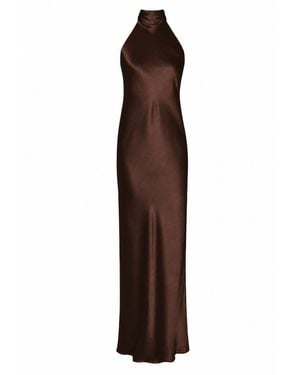 Lily Rou Chocolate Halter Neck Maxi Silk Slip Dress - Brown