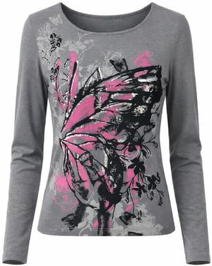 Conquista Artistic Butterfly Print Long-Sleeve Top - White
