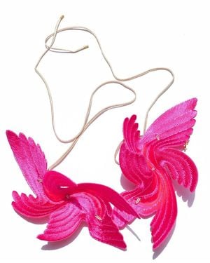 Nana Watanabe Joy Bird Wing Sculptural Embroidered Statement Necklace - Pink