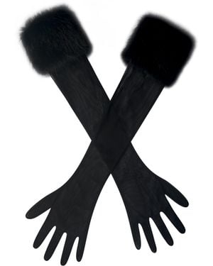 Miss Circle New York Eve Fur-Trimmed Mesh Opera-Length Gloves - Black